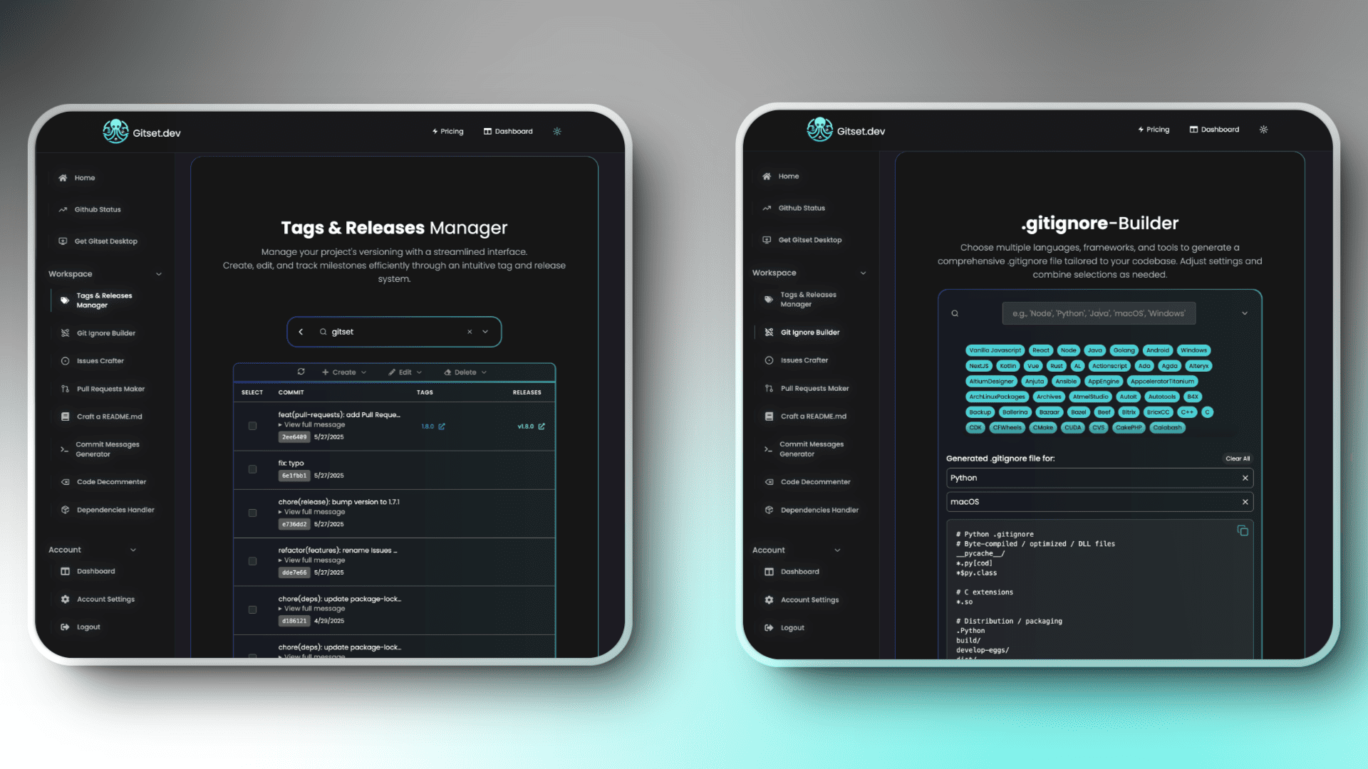 Gitset.dev - Tags & Releases Manager - .gitignore Builder Features